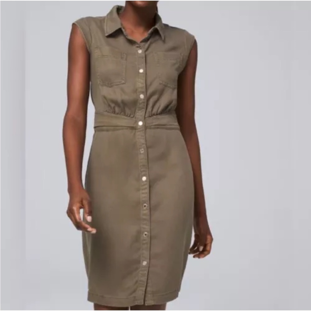 White House Black Market Army green Jean dress snap buttons and collar size 4